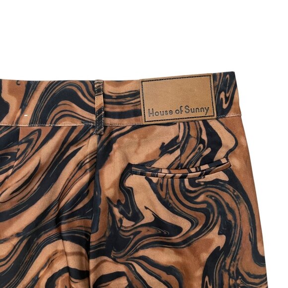 House of Sunny Womens Marble Print Flare Pants Brown Size 2 Split Hem‎ High Rise - Picture 5 of 11